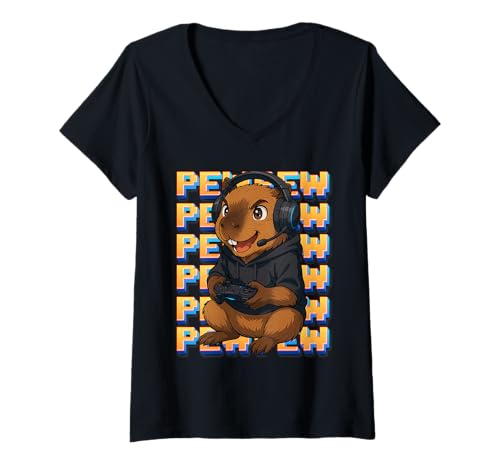 Damen Cute Gaming Capybara Pew Videospiel-Liebhaber T-Shirt mit V-Ausschnitt Damen Cute Gaming Capybara Pew Videospiel-Liebhaber T-Shirt mit V-Ausschnitt von Gamer Capybara Pew Video Game Graphic Co.