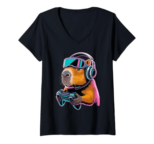 Damen Lustiger Gaming-Capybara Cute Gamer für Tierliebhaber T-Shirt mit V-Ausschnitt Damen Lustiger Gaming-Capybara Cute Gamer für Tierliebhaber T-Shirt mit V-Ausschnitt von Gamer Capybara with Headset and Controller