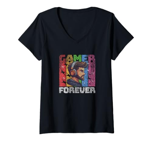 Damen Gamer Forever – buntes Headset-Profil-Design im Used-Look T-Shirt mit V-Ausschnitt Damen Gamer Forever – buntes Headset-Profil-Design im Used-Look T-Shirt mit V-Ausschnitt von Gamer Forever Mode Powered Up