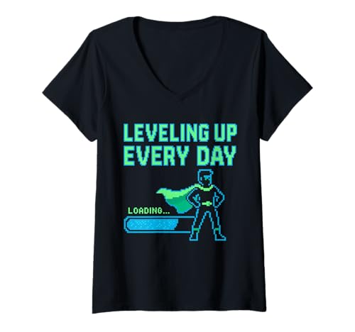 Damen Leveling Up Every Day Loading T-Shirt mit V-Ausschnitt von Gamer Fortschritt Held Pixel Abenteuer