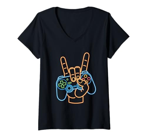 Damen Gamer Gamecontroller Rock Sign T-Shirt mit V-Ausschnitt Damen Gamer Gamecontroller Rock Sign T-Shirt mit V-Ausschnitt von Gamer Game Co
