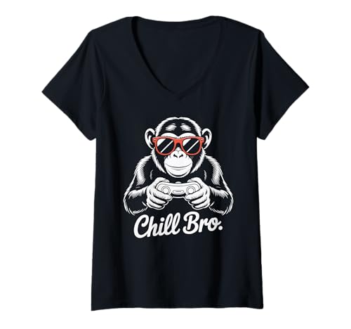 Damen Cool Monkey with Sunglasses Gaming Animal Chill Bro Gamer T-Shirt mit V-Ausschnitt Damen Cool Monkey with Sunglasses Gaming Animal Chill Bro Gamer T-Shirt mit V-Ausschnitt von Gamer Gaming Clothing Co. Tee