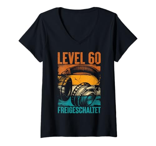 Damen 60. Geburtstag Männer Video Gamer Level 60 Unlocked Mann T-Shirt mit V-Ausschnitt von Gamer Geburtstag Geschenke Zocker Mann Spieler
