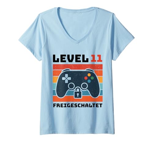 Damen Level 11 freigeschaltet Gamer Kinder Geburtstag 11 Jahre T-Shirt mit V-Ausschnitt von Gamer Geburtstag Kinder