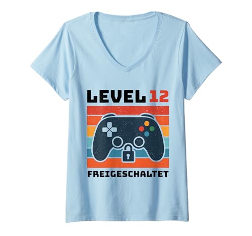 Damen Level 12 freigeschaltet Gamer Kinder Geburtstag 12 Jahre T-Shirt mit V-Ausschnitt von Gamer Geburtstag Kinder
