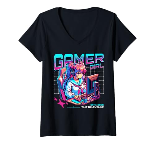 Damen Gamer Girl Gaming Konsole PC Zockerin Zocken Mädchen T-Shirt mit V-Ausschnitt Damen Gamer Girl Gaming Konsole PC Zockerin Zocken Mädchen T-Shirt mit V-Ausschnitt von Gamer Girl Video Gaming Konsole PC Mädchen Zocken