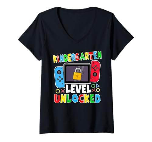 Damen Kindergarten Level Unlocked Gamer Back to School Boy T-Shirt mit V-Ausschnitt von Gamer Happy First Day Of School Boys