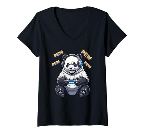 Damen Lustiger Panda Gamer Pew Grafik für Jungen Herren Kinder Teenager T-Shirt mit V-Ausschnitt Damen Lustiger Panda Gamer Pew Grafik für Jungen Herren Kinder Teenager T-Shirt mit V-Ausschnitt von Gamer Panda Pew Video Game Graphic Tees