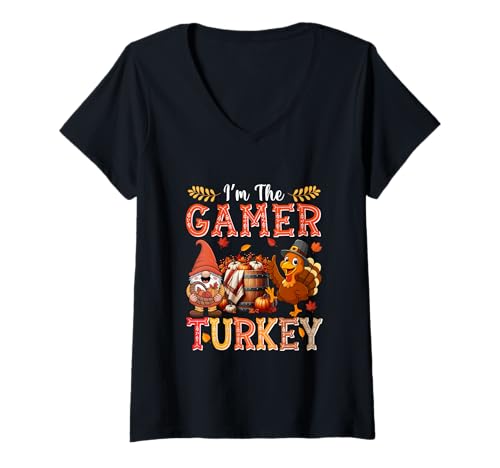 Damen Funny Joke Gamer Thanksgiving Turkey GNOME Fall Pumpkins T-Shirt mit V-Ausschnitt Damen Funny Joke Gamer Thanksgiving Turkey GNOME Fall Pumpkins T-Shirt mit V-Ausschnitt von Gamer Thanksgiving Costume