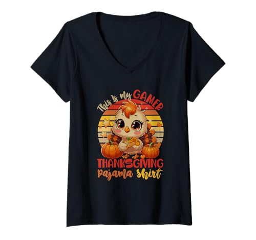 Damen Vintage My Gamer Thanksgiving Pajama Shirt Turkey Lover Kids T-Shirt mit V-Ausschnitt Damen Vintage My Gamer Thanksgiving Pajama Shirt Turkey Lover Kids T-Shirt mit V-Ausschnitt von Gamer Thanksgiving Costume