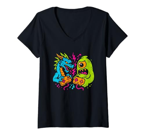 Damen Drache und EIN Monster Spielen Videospiele T-Shirt mit V-Ausschnitt Damen Drache und EIN Monster Spielen Videospiele T-Shirt mit V-Ausschnitt von Gamer Vibes By HustlaGirl