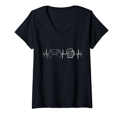 Damen Gamer Heartbeat Zocken und Bier Konsole Gaming Ps T-Shirt mit V-Ausschnitt Damen Gamer Heartbeat Zocken und Bier Konsole Gaming Ps T-Shirt mit V-Ausschnitt von Gamer Zocken Spruch Zocker Konsole Gaming