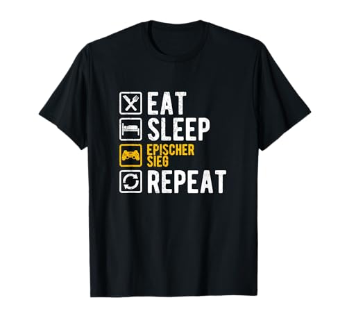 Gamer Zocker Geschenke Shop - Eat Sleep Epischer Sieg Repeat - Herren T-Shirt Schwarz S - Klassische Passform - Kurzarm - Crew Neck - Einfarbig mit Druck von Gamer Zocker Geschenke Shop