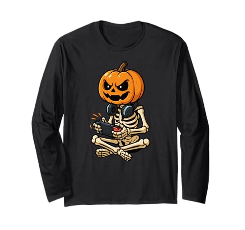 Skelett Kürbis Gamer Videospiele Halloween Jungen Mädchen Kinder Langarmshirt Skelett Kürbis Gamer Videospiele Halloween Jungen Mädchen Kinder Langarmshirt von GamerAxis1