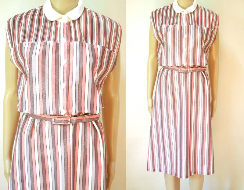 70Er Jahre Peter Pan Kragen Candy Gestreiftkleid, Vintage Midi 1970Er Retro Shirtkleid Mittlere Länge Button Down Vtg Größe S-M von GamineRagVintage