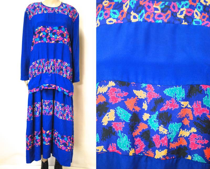80Er Jahre Blau Abstrakte Druck Tropfen Taille Kleid, Vintage Diane Freis Stil Mittlere Länge Langarm Geschichtet Vtg 1980Er Größe L Groß von GamineRagVintage