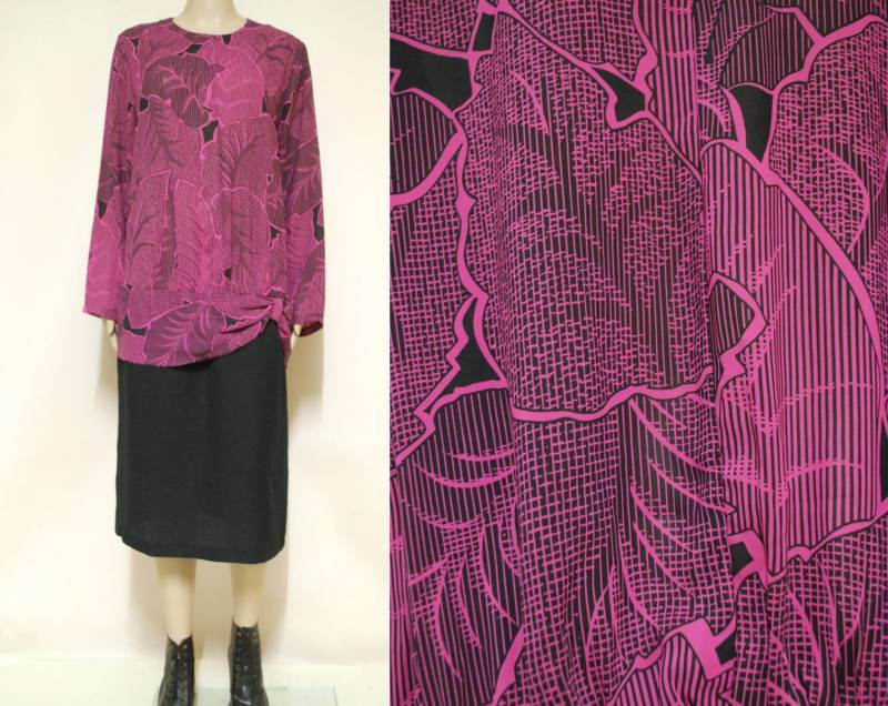 80Er Jahre Vintage Blatt Druck Tropfen Taille Kleid, Langarm Avant Garde Mittlere Länge Retro Vtg 1980Er Größe L von GamineRagVintage