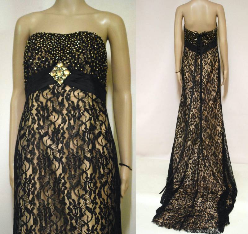 90Er Jahre Schwarz Trägerlose Spitze Brautkleid Mit Langen Zug, Vintage Perlen Pailletten Empire Taille Kleid Bustier Goth Braut Vtg 1990Er Größe von GamineRagVintage