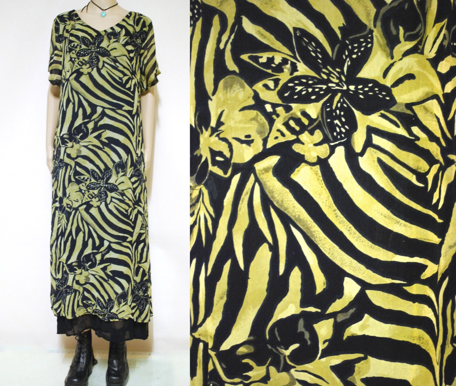 90Er Jahre Tier Und Blumen Druck Geschichtet Maxi Kleid, Vintage Grunge Lange Länge Gelb Schwarz Leicht Vtg 1990Er Größe S-M von GamineRagVintage