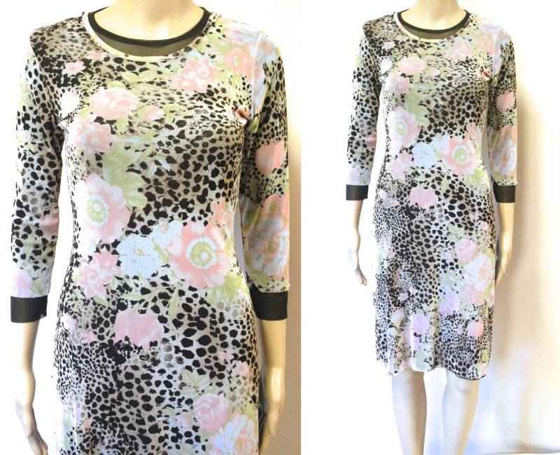 Vintage 90Er Jahre Tier Und Floral Print Spitze Kleid, Kurze Länge Neunziger Schiere Geschichtet 3/4 Ärmel Vtg 1990Er Größe Xs-S von GamineRagVintage