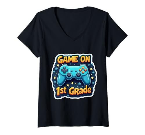 Damen Gaming-Spiel für Jungen auf dem ersten Schulanfang in der 1. Klasse T-Shirt mit V-Ausschnitt von Gaming Boys Game On 1st Grade Products