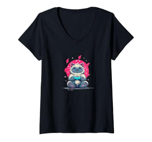 Damen Coole Farben und Gaming-Katzenkostüm T-Shirt mit V-Ausschnitt von Gaming Cat Outfit