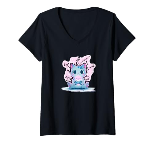 Damen Fantastische japanische Gamer-Katze mit Controller im Pfotenkostüm T-Shirt mit V-Ausschnitt von Gaming Cat Outfit