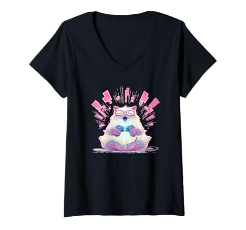 Damen Flauschiges Japanisches Katzenkostüm für Gamer und Spieler T-Shirt mit V-Ausschnitt von Gaming Cat Outfit