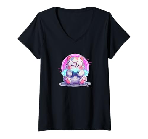 Damen Gamer Cat in leuchtenden Farben Kostüm T-Shirt mit V-Ausschnitt von Gaming Cat Outfit