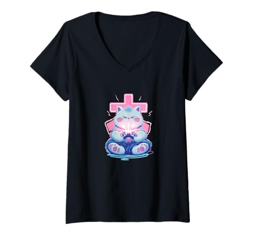 Damen Japanische Katze in leuchtenden Farben für Gaming-Liebhaber T-Shirt mit V-Ausschnitt von Gaming Cat Outfit