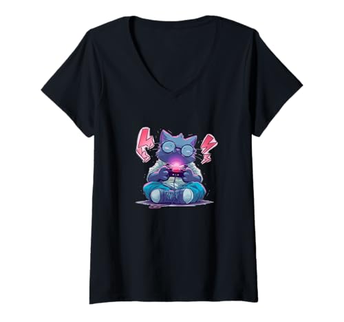 Damen Lustiges Nerdy Gaming Katze im Japan Stil Kostüm T-Shirt mit V-Ausschnitt von Gaming Cat Outfit