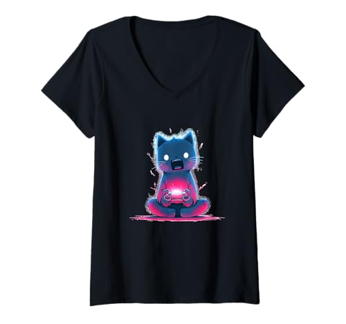 Damen Schönes Katzengesicht mit Controller für Gaming-Fans und Japan Look T-Shirt mit V-Ausschnitt von Gaming Cat Outfit