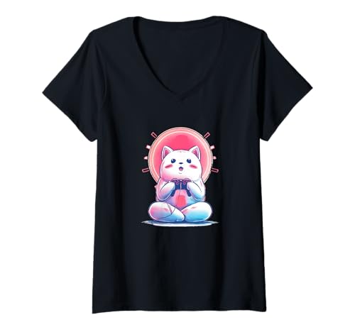 Damen Videospiele Katzenkostüm für Erwachsene und Kinder T-Shirt mit V-Ausschnitt von Gaming Cat Outfit