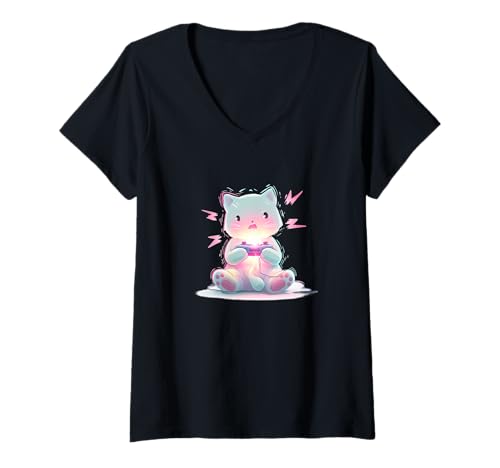 Damen Weiße japanische Katze mit Controller für Spieleliebhaber T-Shirt mit V-Ausschnitt von Gaming Cat Outfit