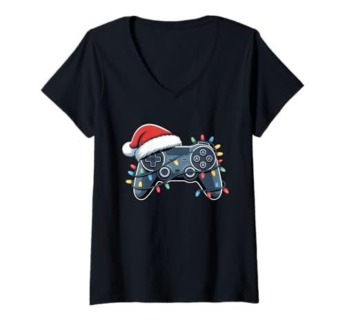 Damen Videospiel-Controller Weihnachten Nikolausmütze Gamer Jungen Herren T-Shirt mit V-Ausschnitt Damen Videospiel-Controller Weihnachten Nikolausmütze Gamer Jungen Herren T-Shirt mit V-Ausschnitt von Gaming Controller Xmas Lights