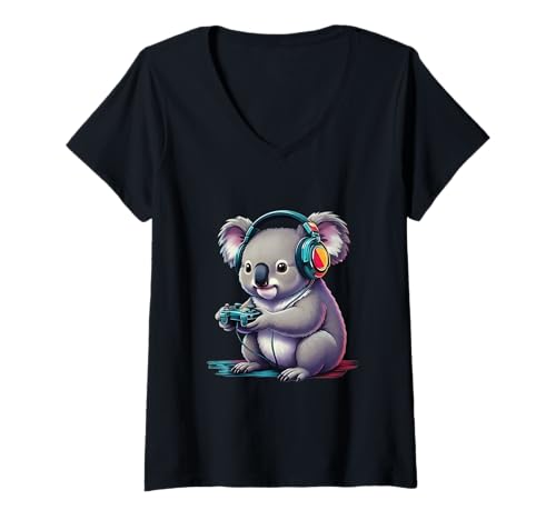 Damen Koala Bear Managing Animal Intelligence T-Shirt mit V-Ausschnitt von Gaming Koala Bear Girls & Boys Tees