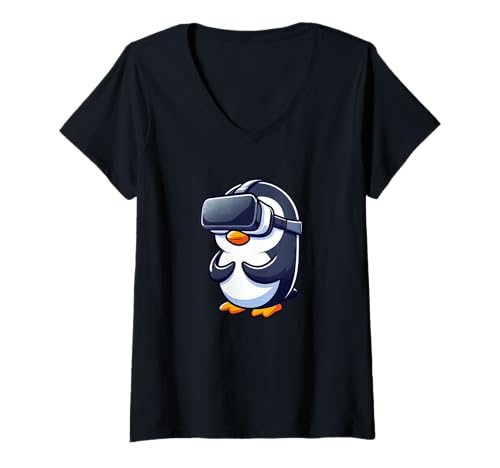 Damen Shy Penguin VR Gamer Cooles Gaming-Design T-Shirt mit V-Ausschnitt Damen Shy Penguin VR Gamer Cooles Gaming-Design T-Shirt mit V-Ausschnitt von Gaming Penguins VR Fun Tech Nerds
