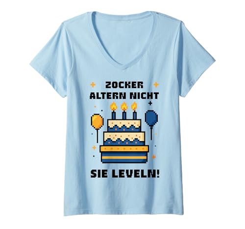 Damen Pixelkuchen Nerd Retro Zocker altern Nicht sie leveln T-Shirt mit V-Ausschnitt Damen Pixelkuchen Nerd Retro Zocker altern Nicht sie leveln T-Shirt mit V-Ausschnitt von Gaming Pixel Humor Design