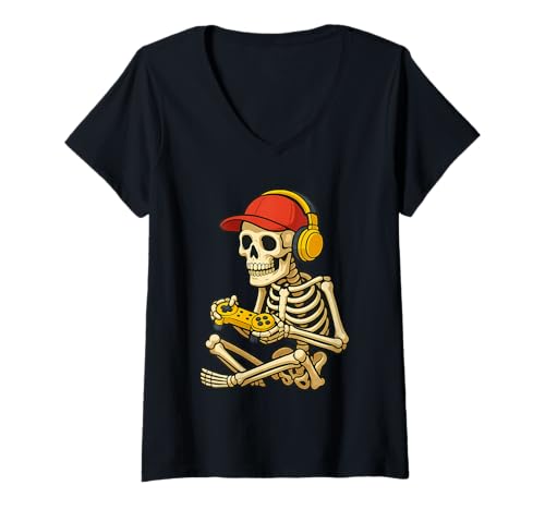 Damen Lustiges Gaming-Skelett mit Kappen-Kopfhörern und Controller T-Shirt mit V-Ausschnitt Damen Lustiges Gaming-Skelett mit Kappen-Kopfhörern und Controller T-Shirt mit V-Ausschnitt von Gaming Skeleton with Headphones Apparel Fun