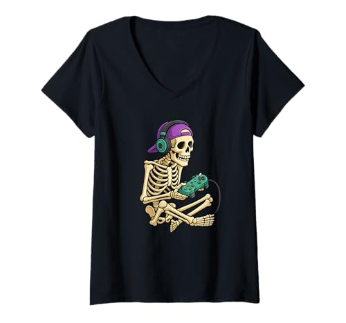 Damen Lustiges Gamer Skelett Halloween Zocker T-Shirt T-Shirt mit V-Ausschnitt Damen Lustiges Gamer Skelett Halloween Zocker T-Shirt T-Shirt mit V-Ausschnitt von Gaming Skelett Halloween Lustig Zocker Geschenk