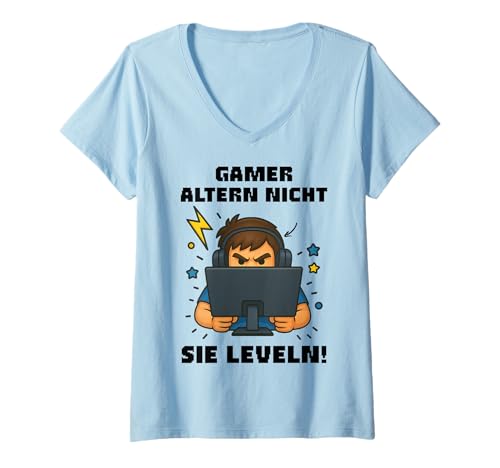 Damen Gamer Junge Headset Gamer altern Nicht sie leveln T-Shirt mit V-Ausschnitt Damen Gamer Junge Headset Gamer altern Nicht sie leveln T-Shirt mit V-Ausschnitt von Gaming Zocker Junge Style