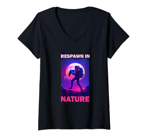 Damen Bergsteiger mit Rucksack in den Bergen Gaming T-Shirt mit V-Ausschnitt Damen Bergsteiger mit Rucksack in den Bergen Gaming T-Shirt mit V-Ausschnitt von Gaming & Nature