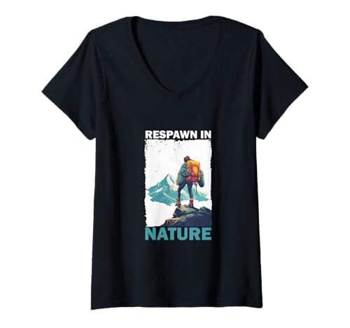 Damen Bergsteiger mit Rucksack in den Bergen Gaming T-Shirt mit V-Ausschnitt Damen Bergsteiger mit Rucksack in den Bergen Gaming T-Shirt mit V-Ausschnitt von Gaming & Nature