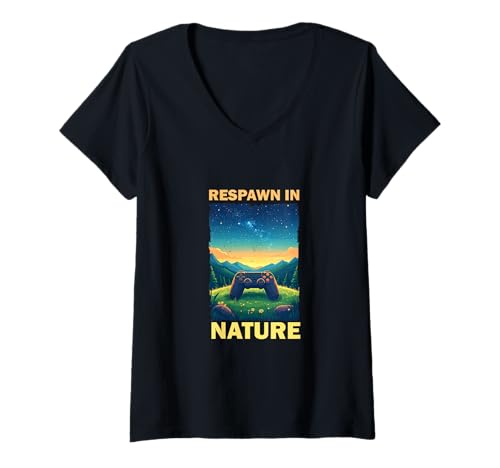 Damen Bergsteiger mit Rucksack in den Bergen Gaming T-Shirt mit V-Ausschnitt Damen Bergsteiger mit Rucksack in den Bergen Gaming T-Shirt mit V-Ausschnitt von Gaming & Nature