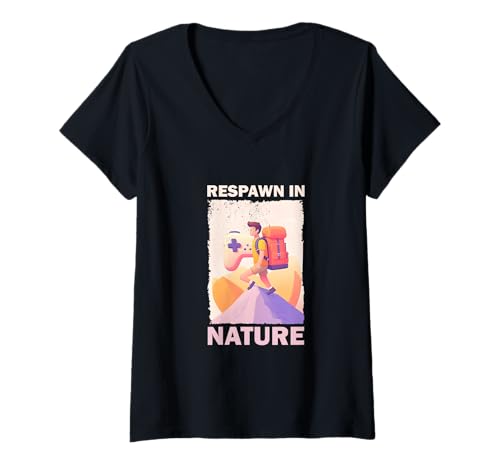 Damen Bergsteiger mit Rucksack in den Bergen Gaming T-Shirt mit V-Ausschnitt Damen Bergsteiger mit Rucksack in den Bergen Gaming T-Shirt mit V-Ausschnitt von Gaming & Nature