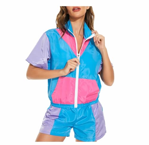 Gammify 80er 90er Jahre Outfit Damen, 90er Retro Trainingsanzug Outfit Jacke Kurze Hosen Anzug, Retro Anzug Style Jogginganzug para Karneval, Themenparty Blue L von Gammify