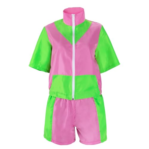 Gammify 80er 90er Jahre Outfit Damen, 90er Retro Trainingsanzug Outfit Jacke Kurze Hosen Anzug, Retro Anzug Style Jogginganzug para Karneval, Themenparty Grün L von Gammify