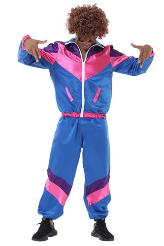 Gammify 80er Jahre Kostüm Outfit Herren Damen Trainingsanzug Disco Accessoires, Karneval Kostüm Trainingsanzug Jacke Hose Retro Anzug Blau L von Gammify