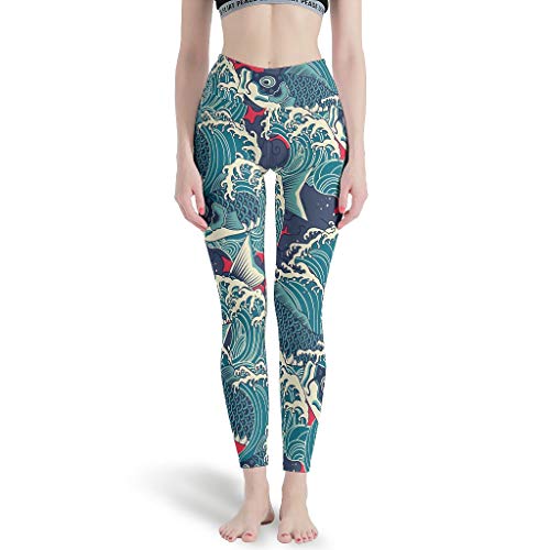 Gamoii Damen Sport Leggings Japanischer Fisch Welle Gedruckt Sporthose Yogahose Hohe Taille Stretch Laufhose White l von Gamoii