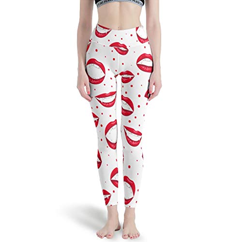 Gamoii Damen Sport Leggings Rote Lippen Punkte Printed Sporthose Yogahose Hohe Taille Stretch Capri Leggings White 4XL von Gamoii